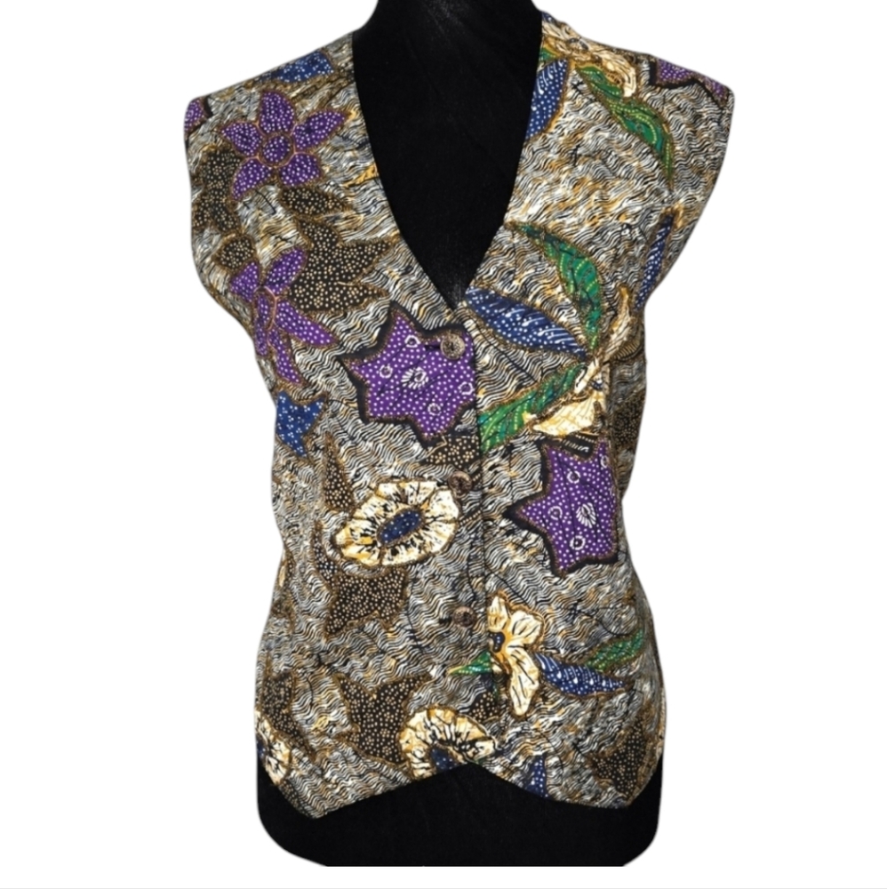 Vintage Effeci Whimsical Beaded Vest Size L Floral Gold Purple Green Mardi Gras